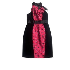 THEIA women’s pink & black Polka Dot halter Brocade sparkly mini Dress sz 8
